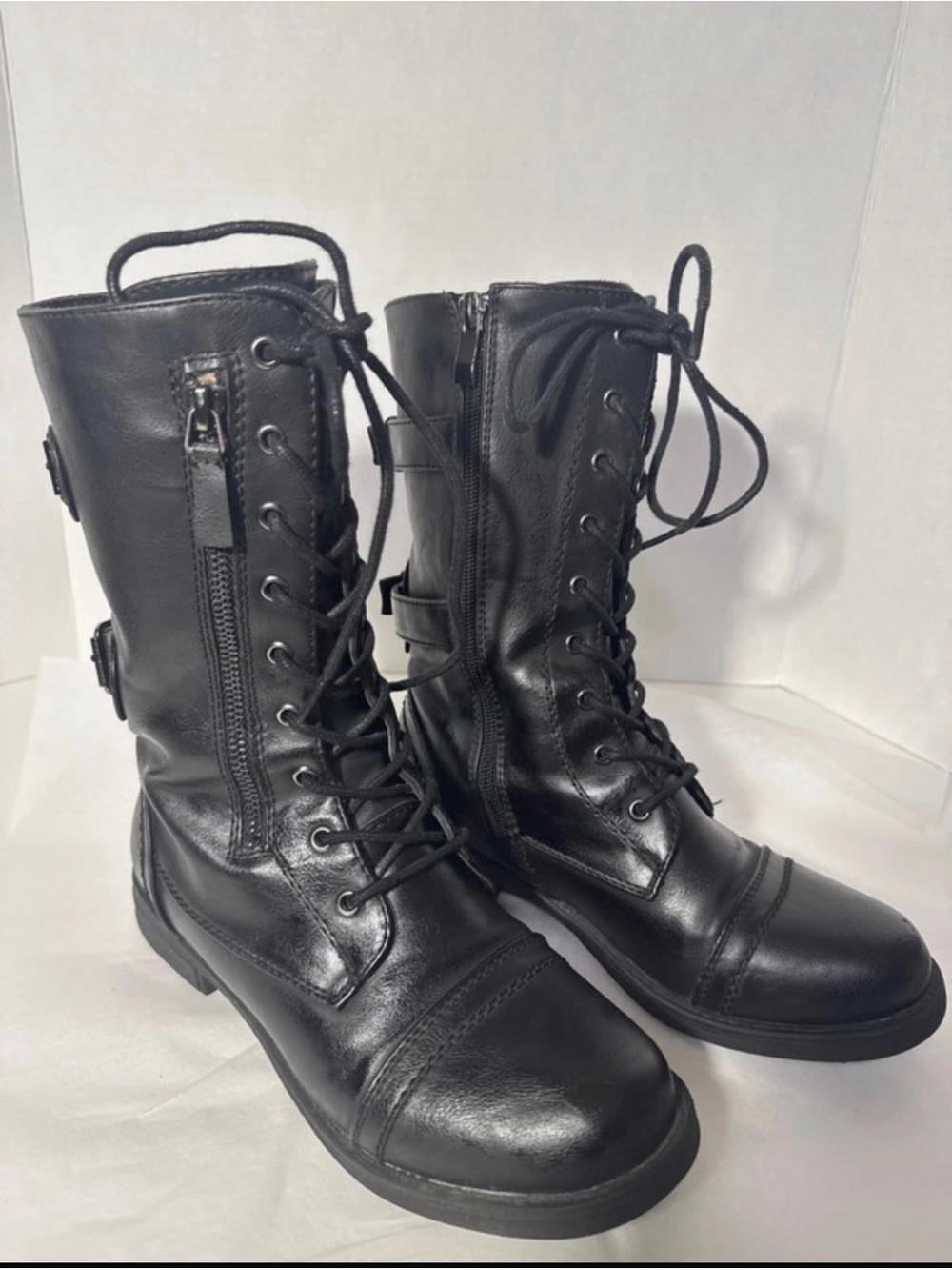 Shoe Land:Women's Black Lace-Up Moto Combat Boots with Side Zipper